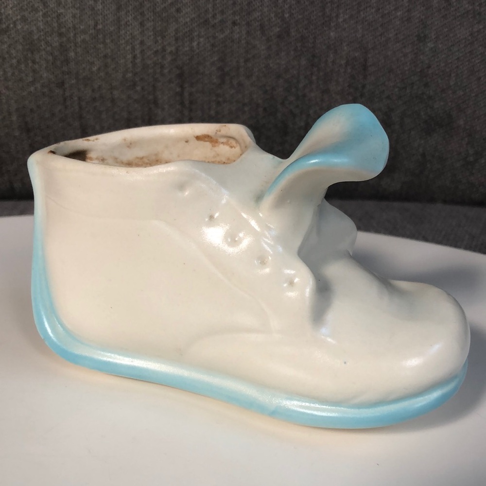 Vintage ceramic infant baby boy white and blue shoe planter